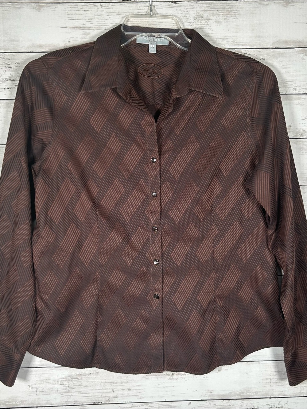 Foxcroft No-Iron Fitted Brown Textured Cotton Button Down Shirt 12